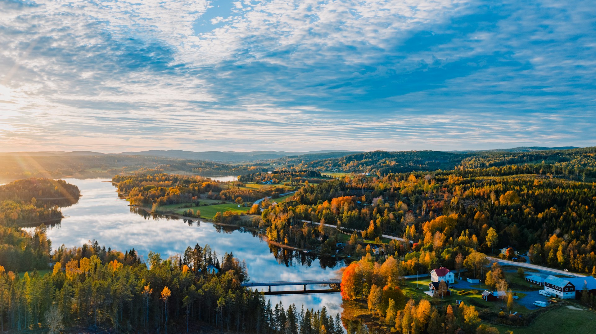 an aerial view of a river and landscape in central Sweden during autumn