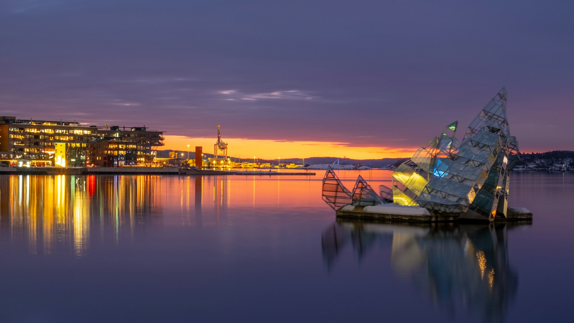 View of Oslo Harbor at sunset