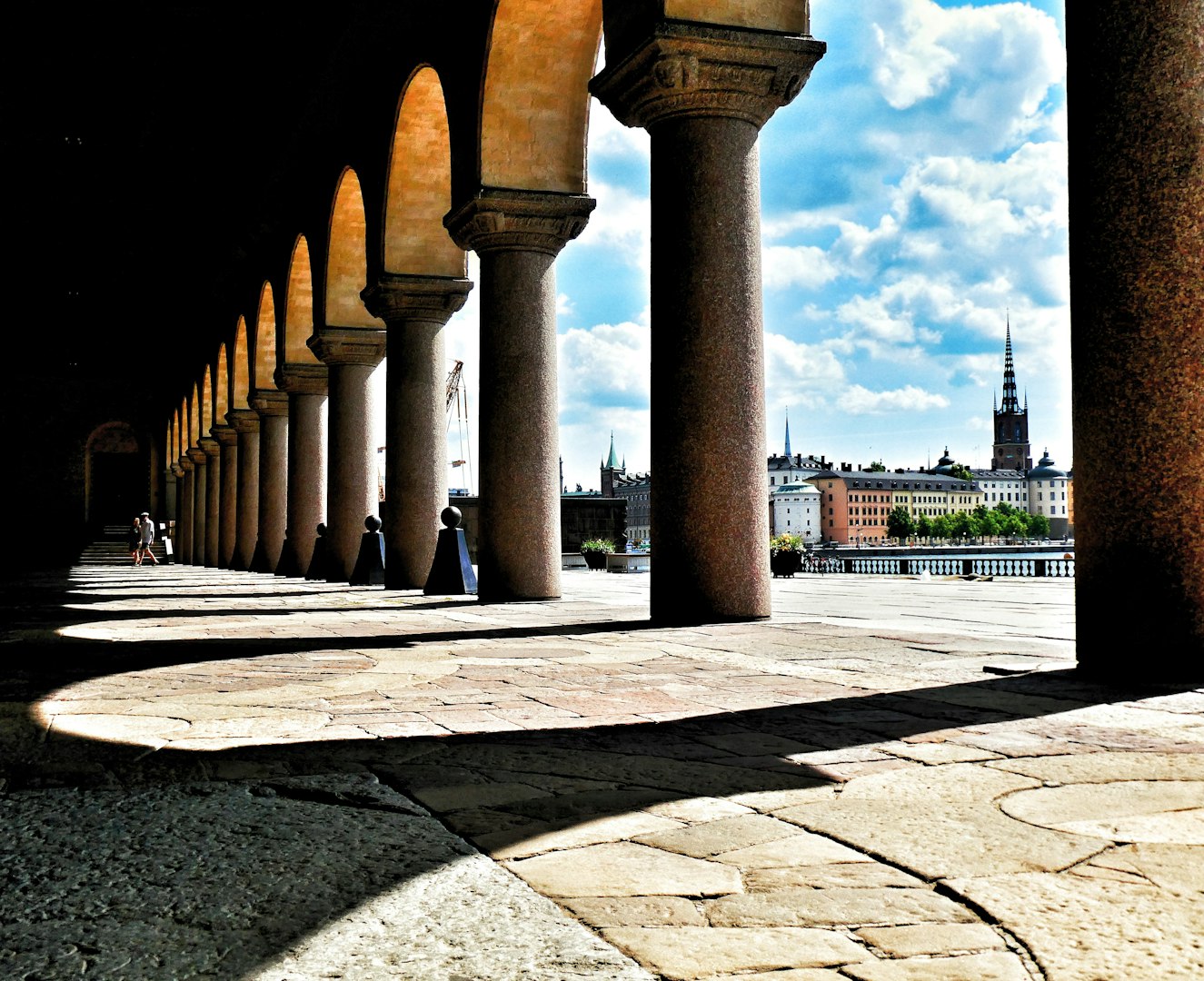 View of the arcades of the Stockholm City Hall (Stockholms stadshus) in Sweden