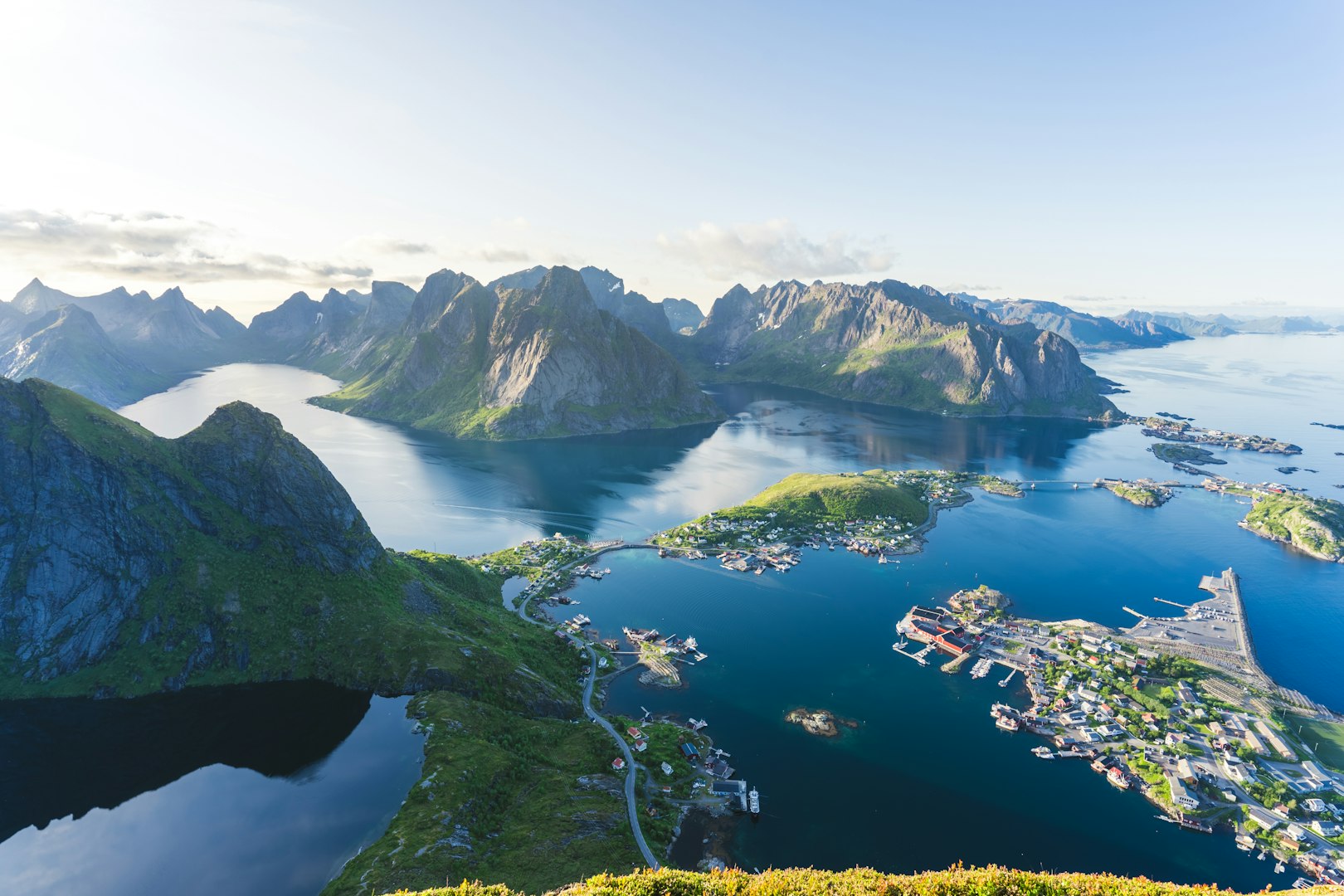 aerial view of town nestled in fjords