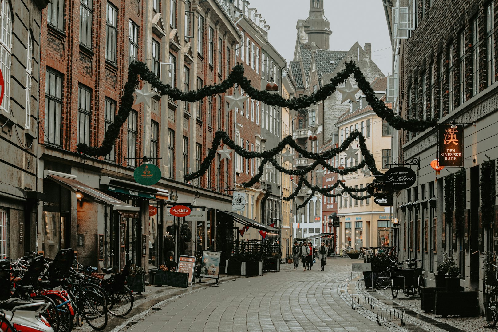 View of a street scene in Copenhagen during the Christmas season