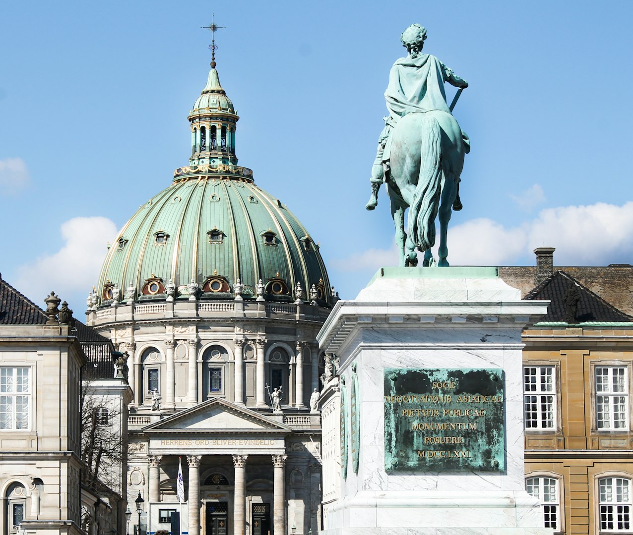 Amalienborg Palace Square in Copenhagen, Denmark, looking towards Frederik's Church, commonly known as the Marble Church